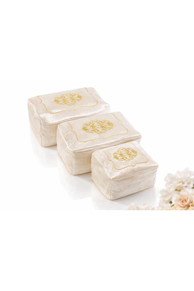 Dowry Box Velvet Gold Embroidered 3-Piece Brown Bundle Engagement Bride Groom Gift Box