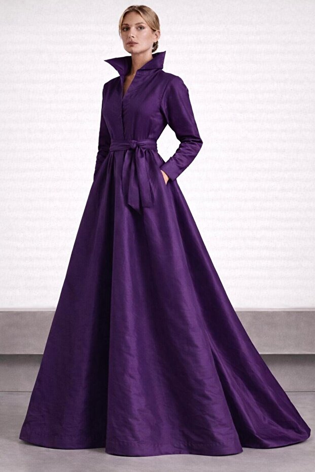 Mobile Belted & Pocket Detailed Maxi Length Taffeta Stylish Shirt Dress Cou-42