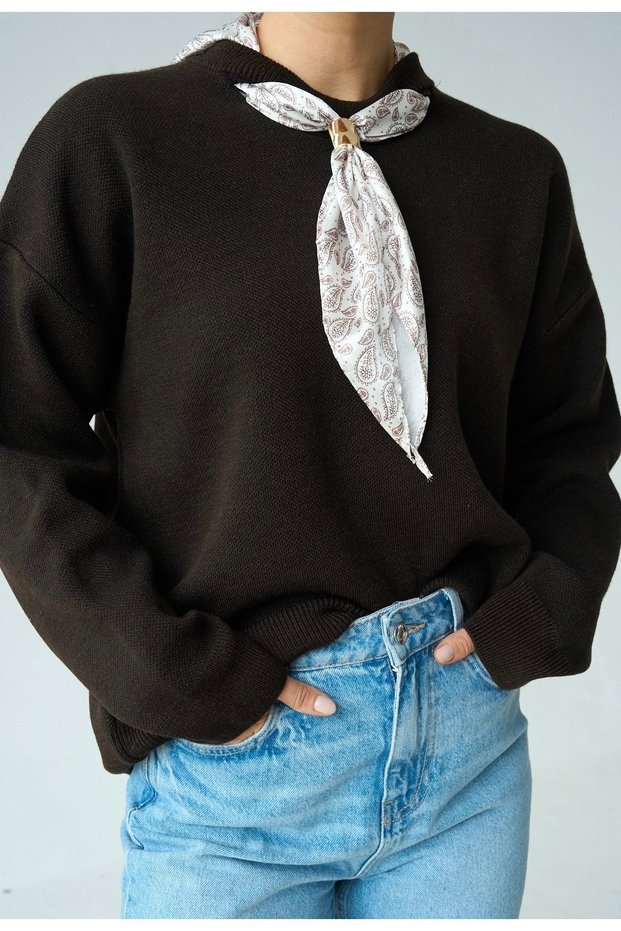 Women's Red Crew Neck Knitted Sweater with Scarf Detail and Soft Texture
