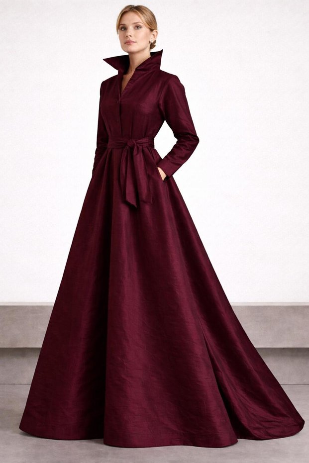 Mobile Belted & Pocket Detailed Maxi Length Taffeta Stylish Shirt Dress Cou-42