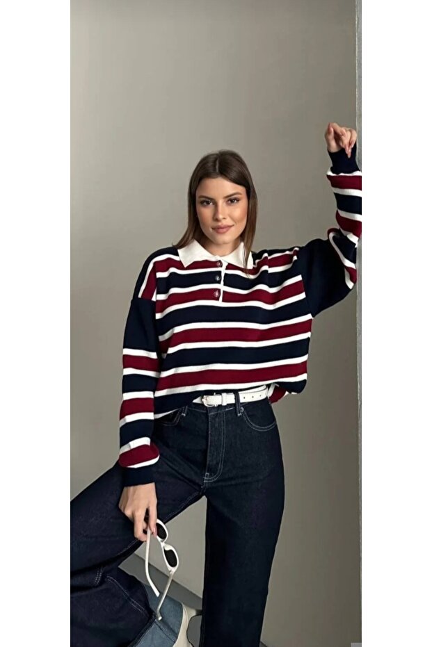 Stripe Detailed Button Collar Knitwear Sweater