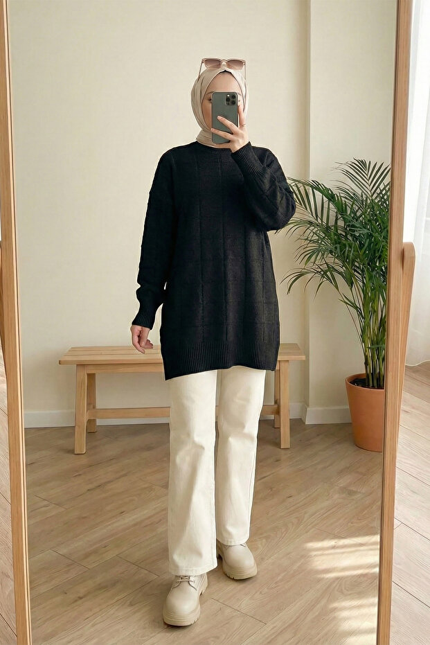 تونيك تريكو ناعم منقوش مربع الشكل - أسود - 1