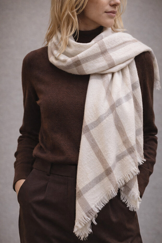Cream Beige Plaid Wool Shoulder Shawl | Soft Textured Winter Shawl