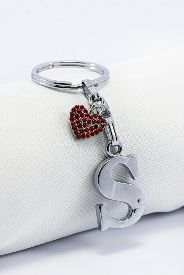Red Shiny Heart Silver Color Metal Letter S Keychain / Small Bag Ornament