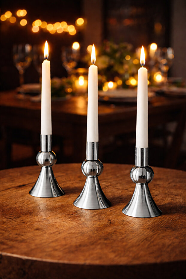 3’Lü Mini Krom Şamdan Mumluk - 2