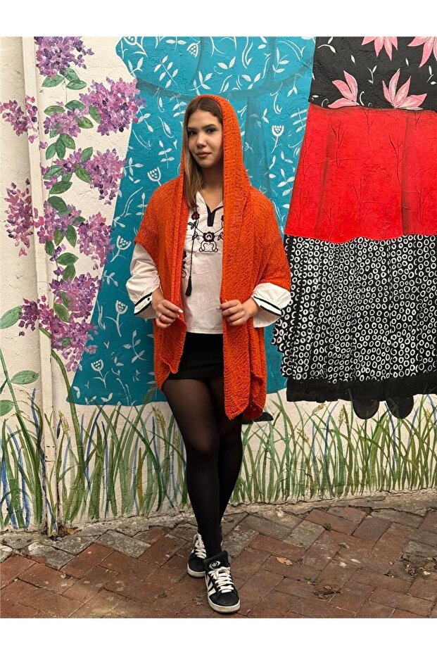 Orange Color Hooded Mercerized Cardigan