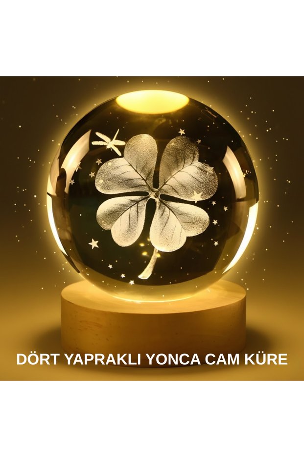 Led Illuminated Glass Globe with Clover Plant Figure and USB Wooden Stand Night Light -