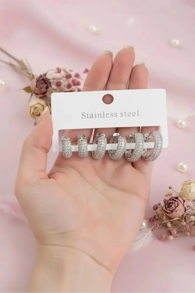 316L Steel Silver Color Zircon Stone Hoop Earrings Set Tarnish Resistant |   Stylish and Durable Jewelry