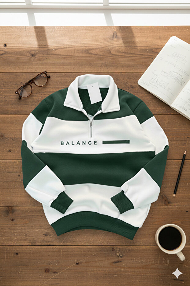 Unisex Polo Collar Zippered Balance Printed Green White Sweatshirt
