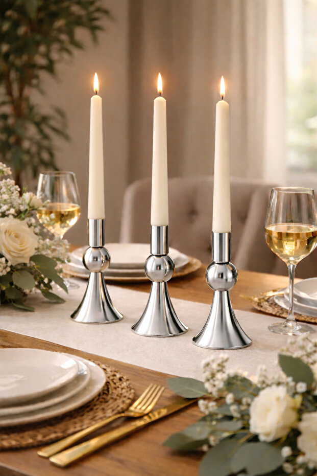 3’Lü Mini Krom Şamdan Mumluk - 4