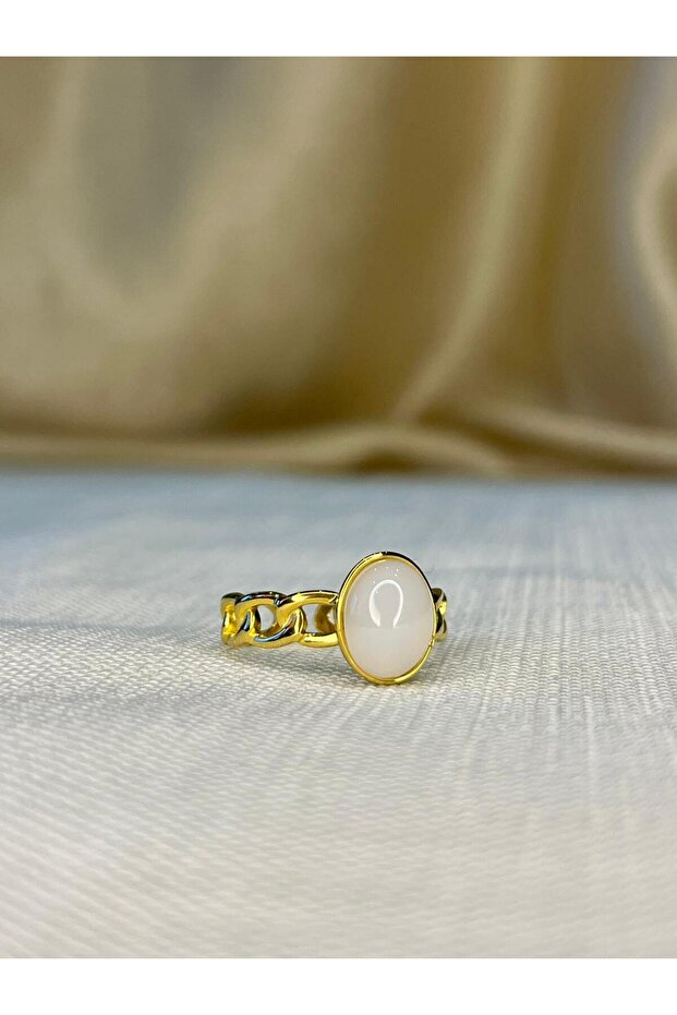 White Stone Embellished Gold Ring | Minimalist Adjustable Natural Stone Elegant Steel Ring