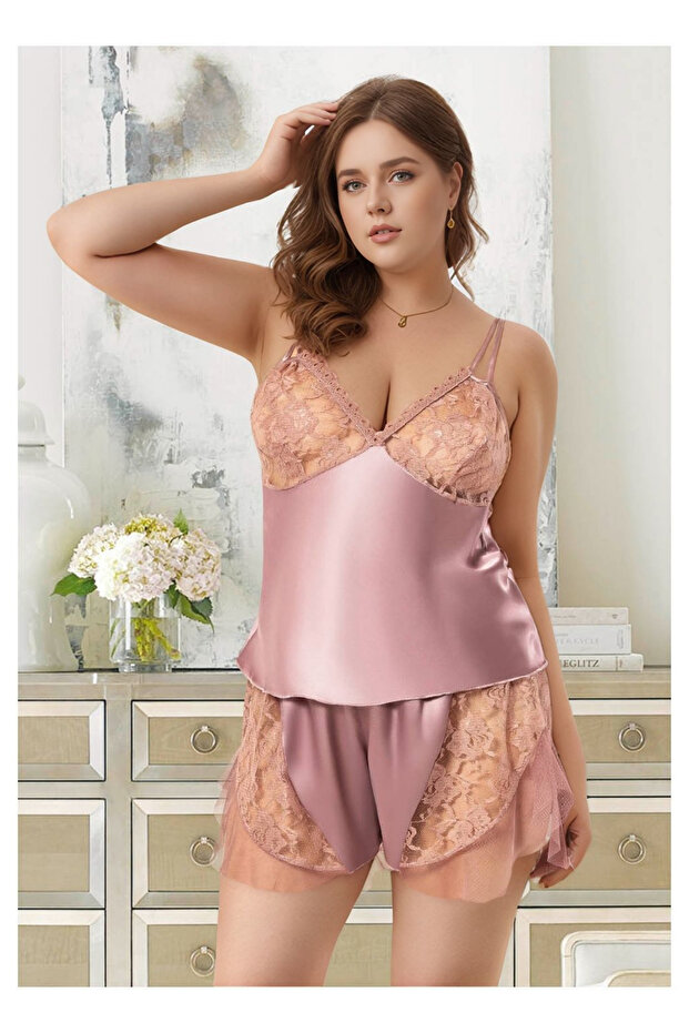 Women's Plus Size Dusty Rose Satin Shorts Pajama Set with Lace Tulle
