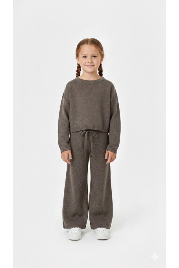 Girl's Knitwear Sweater Set, Bottom and Top, Brown Color, 3/7 Years