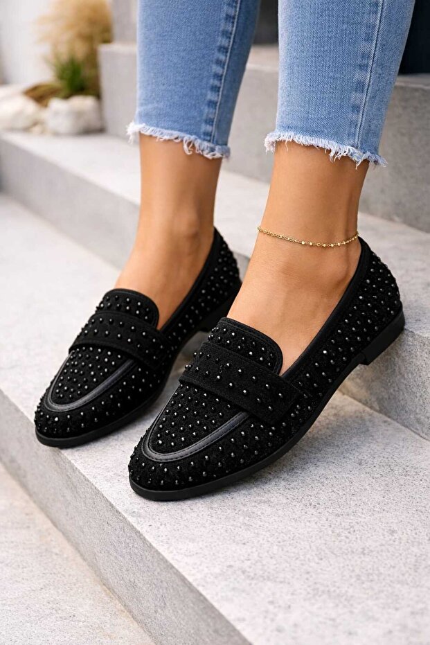 Women's Black Stone Detailed Suede Elegant Ballerinas