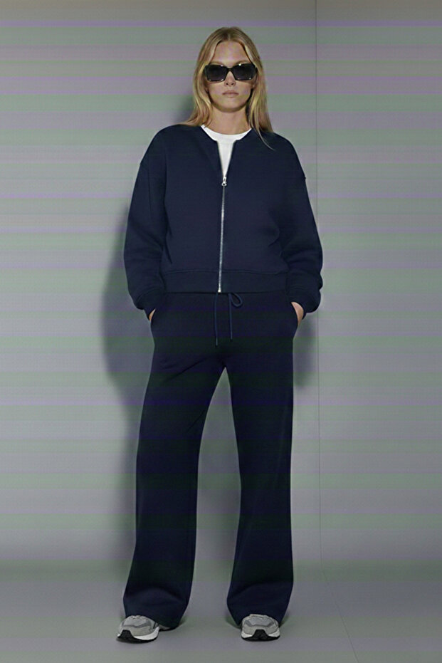 Women's Modal Fabric Zipper Detailed Elastic Waist Comfortable Fit 4 Seasons Daily Navy Blue Tracksuit Set