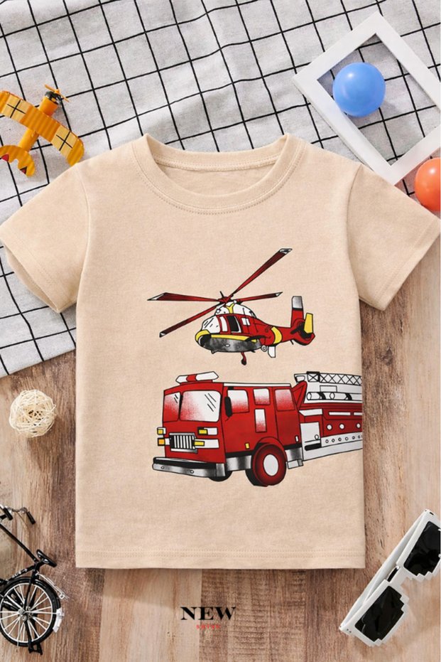 Fire Truck Printed Unisex Children's T-Shirt