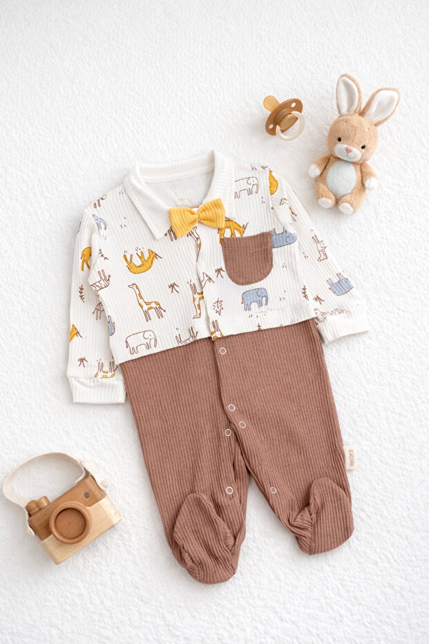 Ribbed Knit Baby Boy Jumpsuit with Bow Tie
