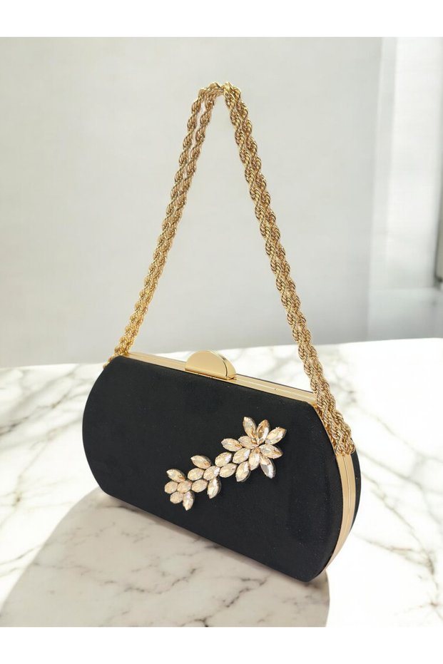Black Gold Luxury Suede Crystal Stone Metal Handle Chain Women's Evening Dress Bag Wedding Engagement Graduation
