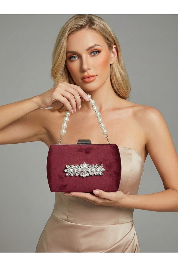 Burgundy Luxury Suede Crystal Stone Metal Handle Chain Women's Evening Dress Bag Wedding Engagement Graduation