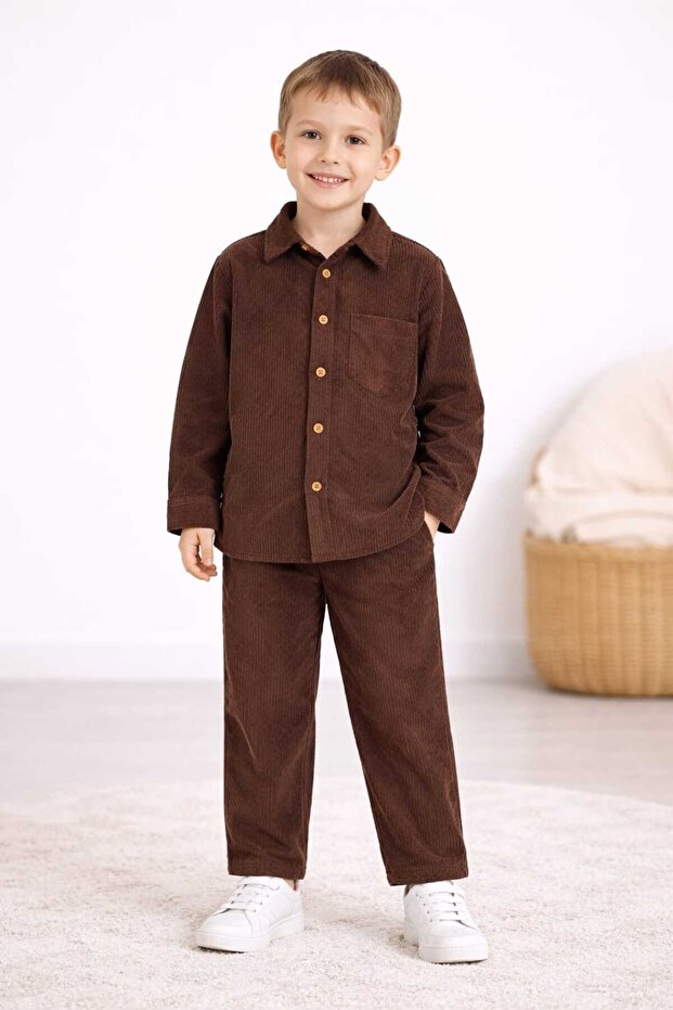 Premium Velvet Striped Boys' Shirt Top and Bottom Set