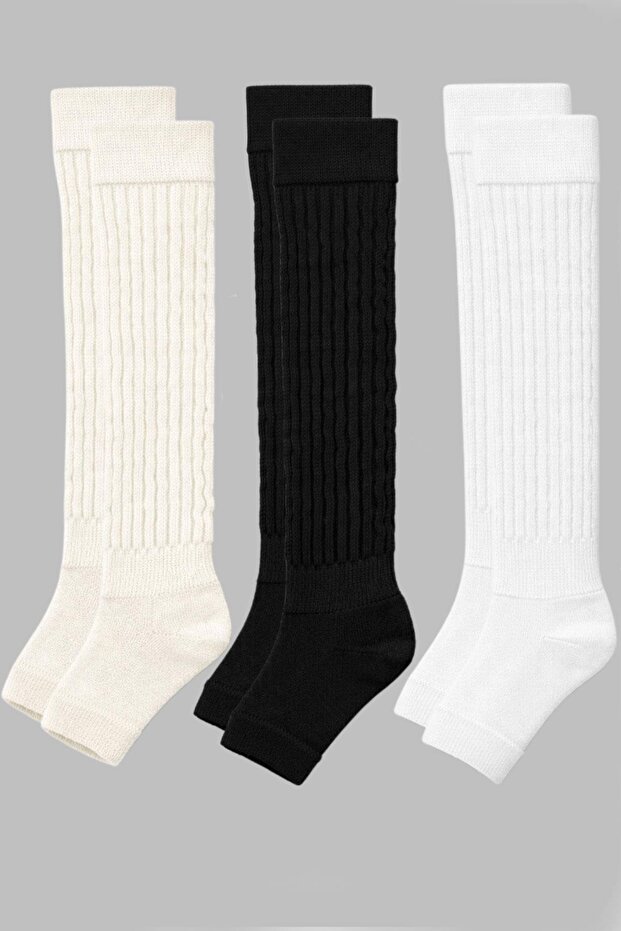 3 Pairs of Fingerless, Thick Ribbed, Above-Knee Leggings with Cotton Content