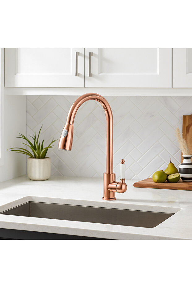 Belora Rose Gold Copper Porcelain Spiral Sink Faucet with Handle – 360 ° Rotating, Pull-Out Headed,