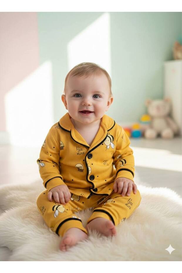 100% Cotton Unisex Baby Pajama Set with Bee Pattern, Long Sleeve Top and Bottom