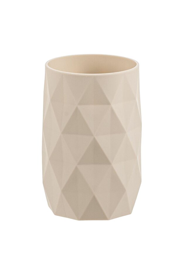 Round Beige Plastic Toothbrush Holder with Rhombus Pattern Ø7x11.5cm - 1