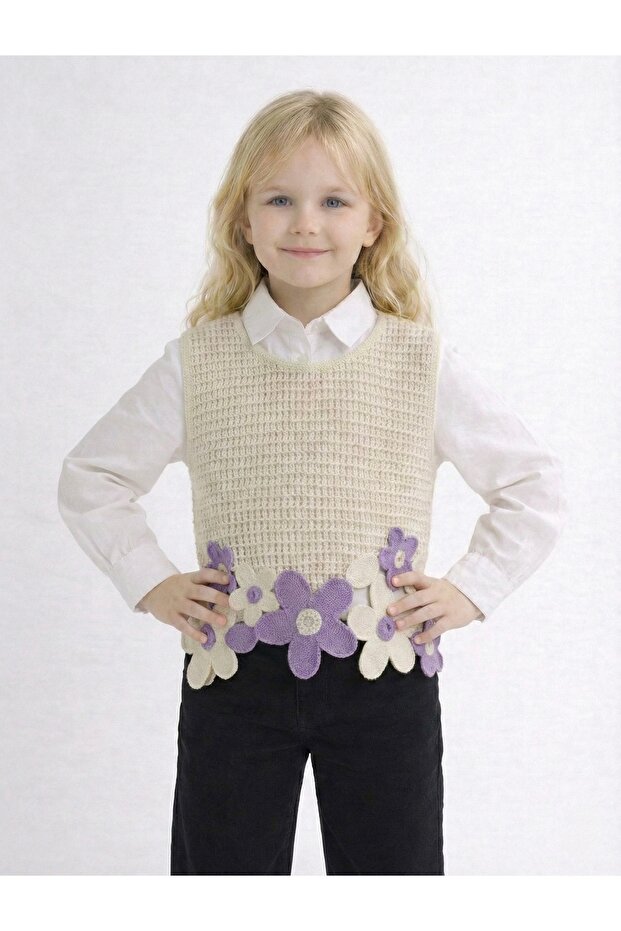 Papatya Motifli Örme Süveter - 1