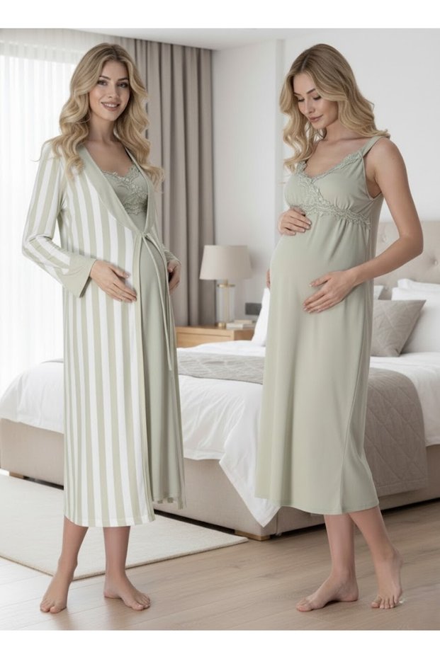New Season Green Striped Summer Lace Detailed Strap Stylish Maternity Dressing Gown Nightgown Set