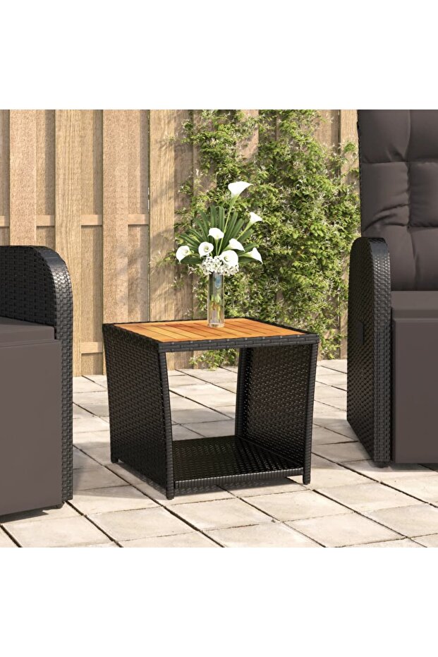 Tea Table with Wooden Top Black Poly Rattan&Solid Wood Acacia