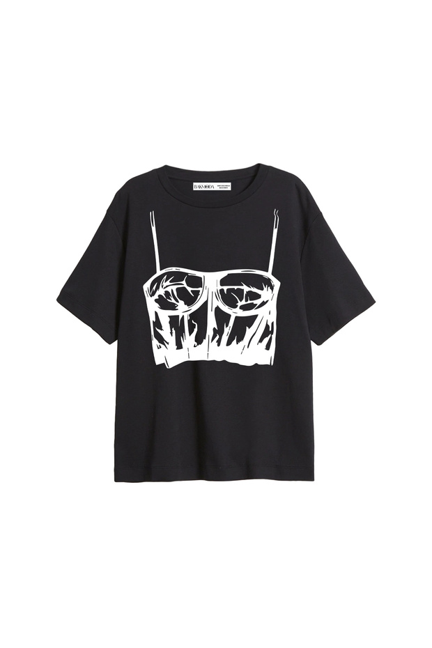 Leather Shine Printed Relaxed Fit Black Women's Tshirt