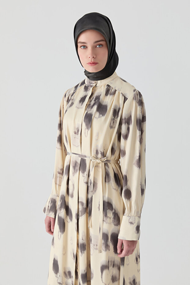 Fırça Desenli Elbise - Krem - 1