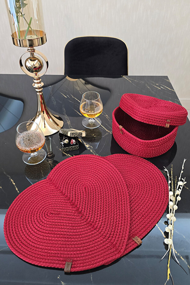 Special Heart Patterned Red Handmade Bread Basket Set with 2 Pieces of Bread Boards and 1 Piece of Lid