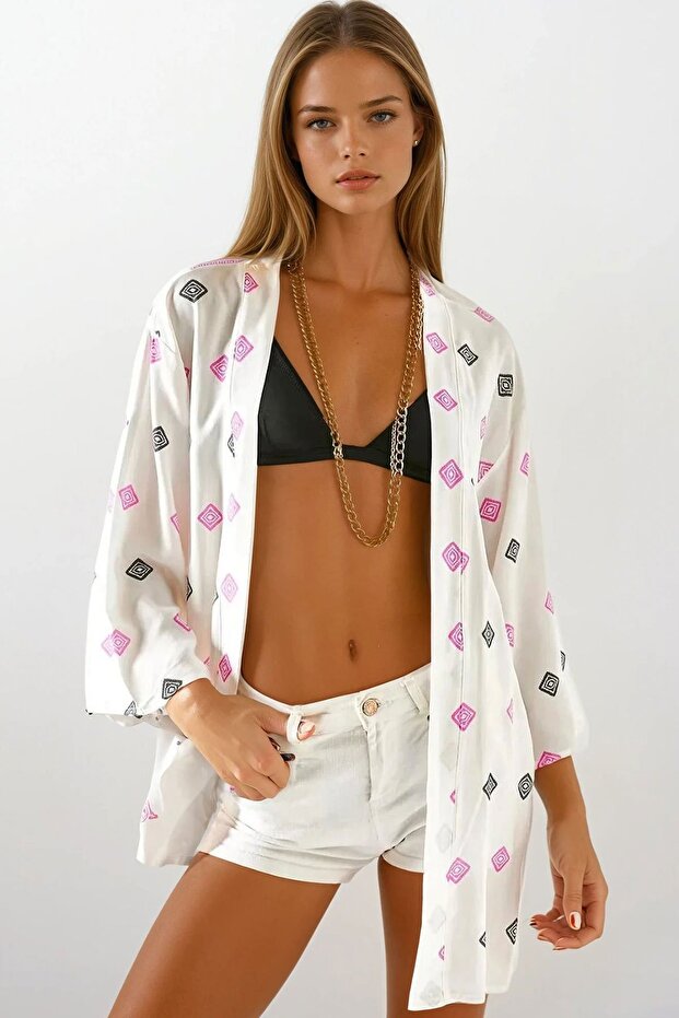 Women's Lilac Patterned Woven Viscose Kimono Vs00682