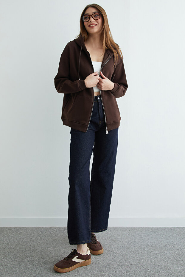 Basic Fermuarlı Kapüşonlu Oversize Sweatshirt - 3