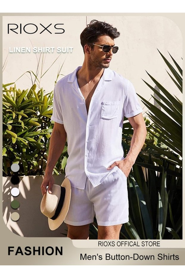 2-Piece Men's Summer Outfits, Loose Fit Button-Down Short Sleeve Shirts with Wide Leg Shorts, Casual