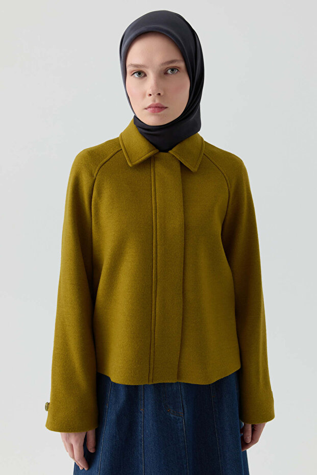 Kol Düğmeli Mini Keçe Ceket - Olive - 4