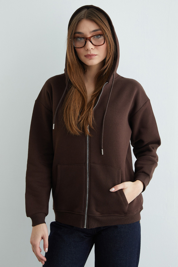 Basic Fermuarlı Kapüşonlu Oversize Sweatshirt - 1