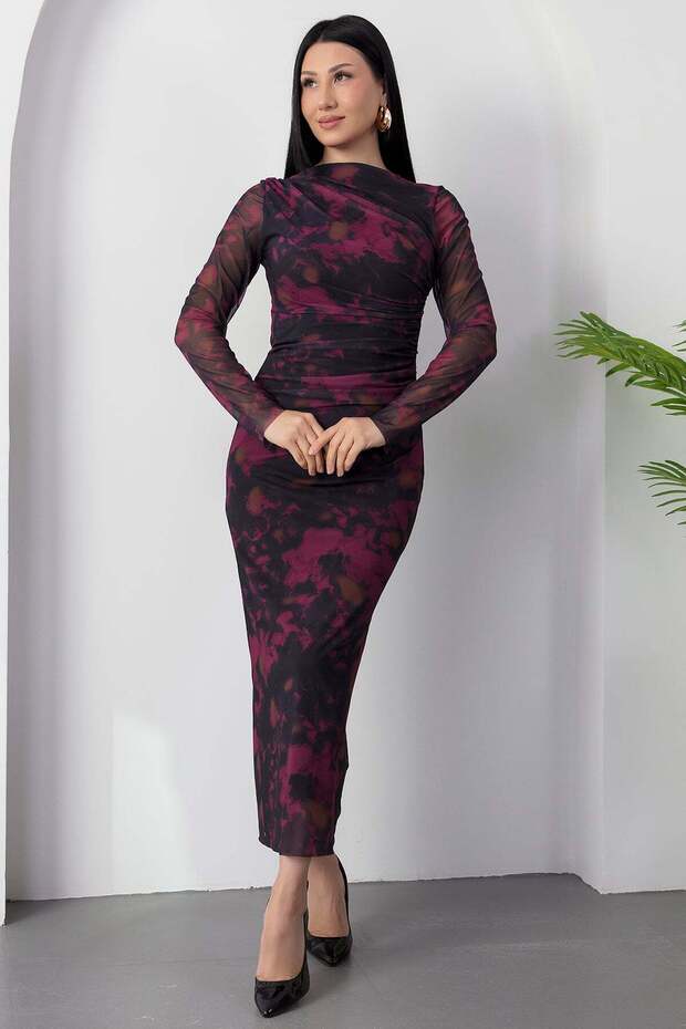 Dik Yaka Uzun Kol Tül Elbise DKS1027 - 7