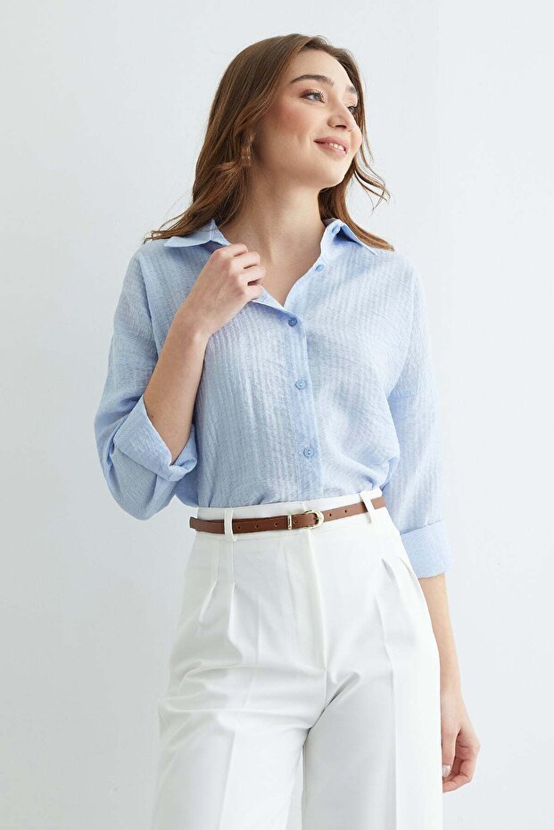 Basic Düğmeli Krinkıl Gömlek - 3