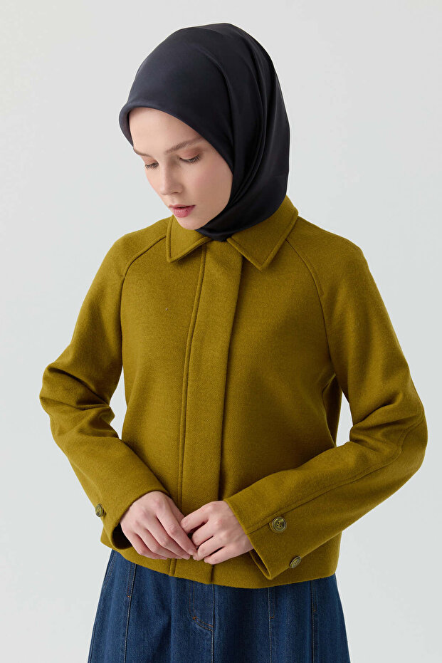 Kol Düğmeli Mini Keçe Ceket - Olive - 5