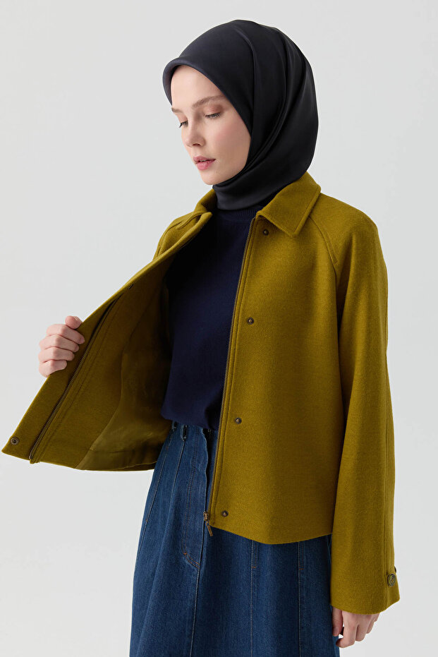 Kol Düğmeli Mini Keçe Ceket - Olive - 2