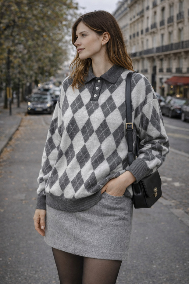 Women's Polo Neck Argyle Sweater