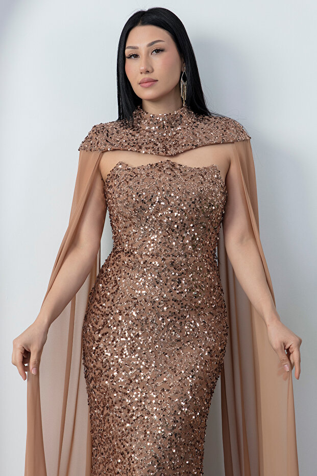 Bolerolu Straplez Yaka Pullu Tül Elbise DNS2053 - 2