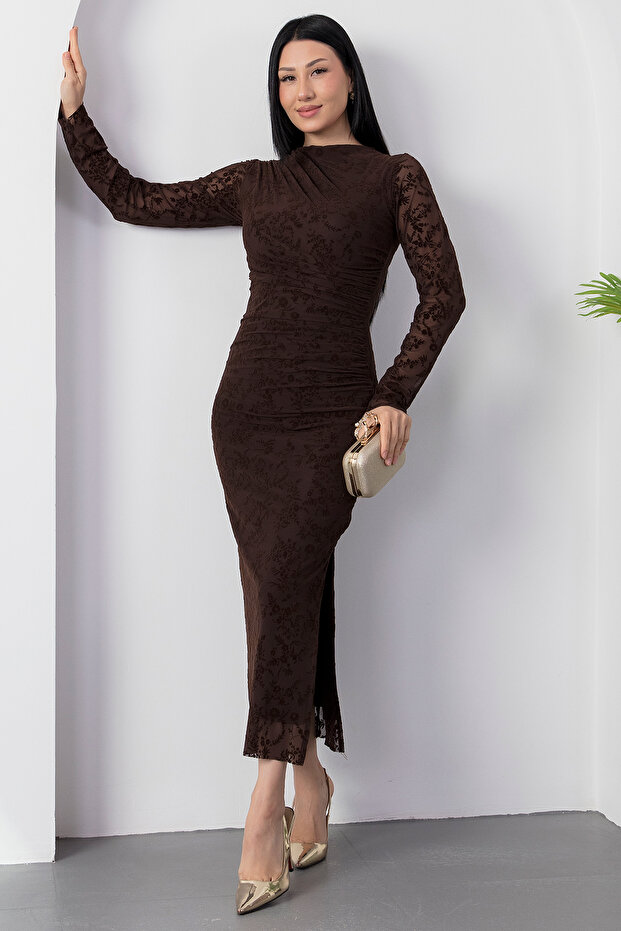 Dik Yaka Drapeli Flok Baskı Elbise DKS1392 - 3