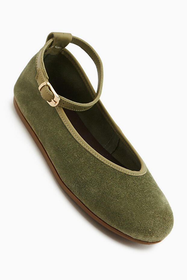 Jenin Genuine Leather Khaki Suede Belted Women's Ballerinas
