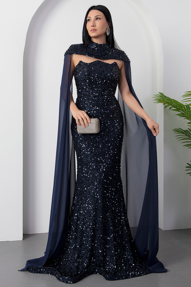 Bolerolu Straplez Yaka Pullu Tül Elbise DNS2053 - 4