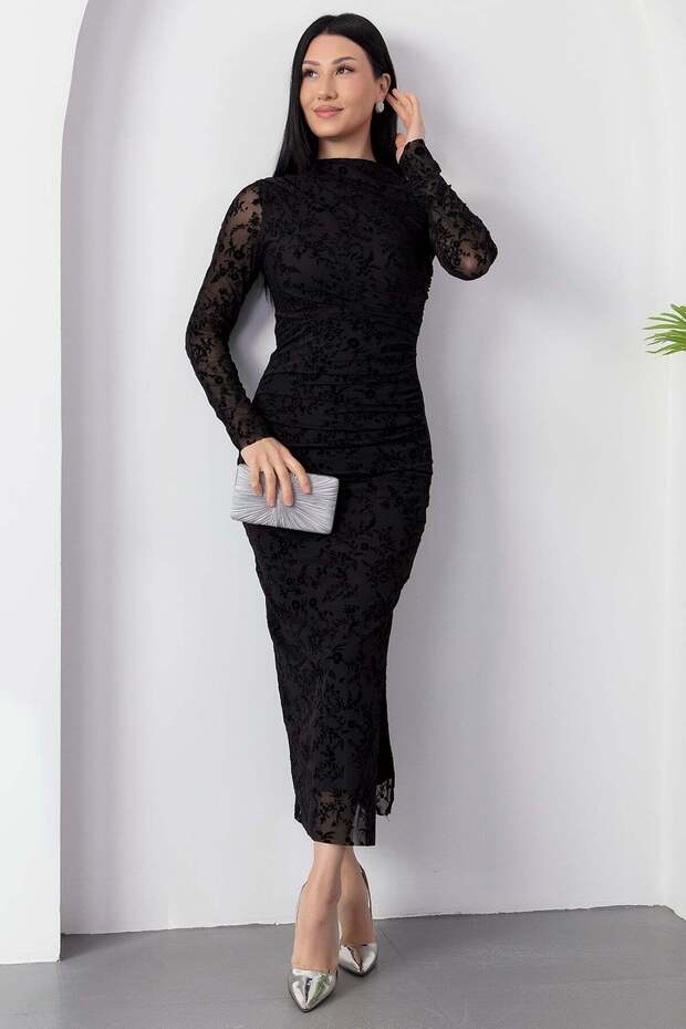 Dik Yaka Drapeli Flok Baskı Elbise DKS1392 - 3