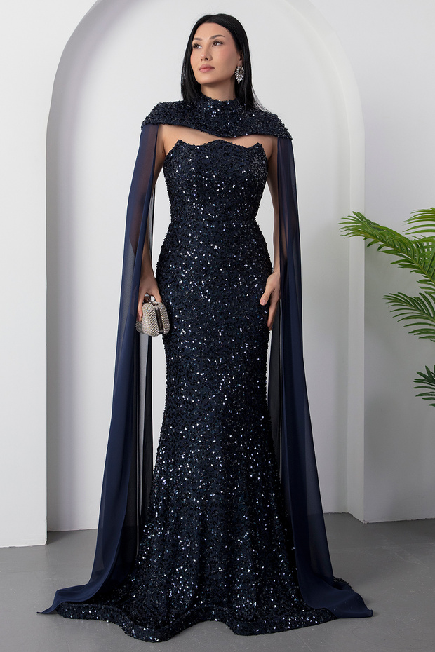 Bolerolu Straplez Yaka Pullu Tül Elbise DNS2053 - 3